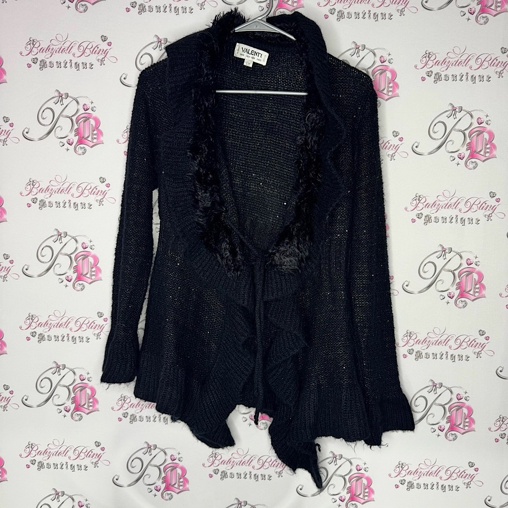 Valenti cardigan sequins sparkly furry fur neckline tie up Black Women's Sweater